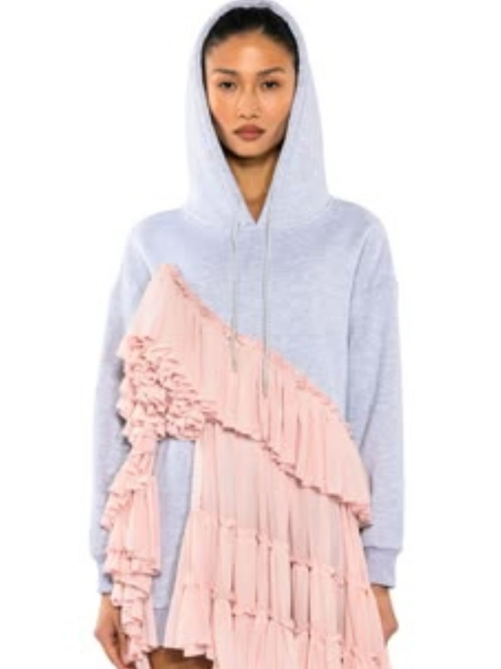 AKIRA Light Gray Hoodie Dress with Blush Pink Ruffle Accent